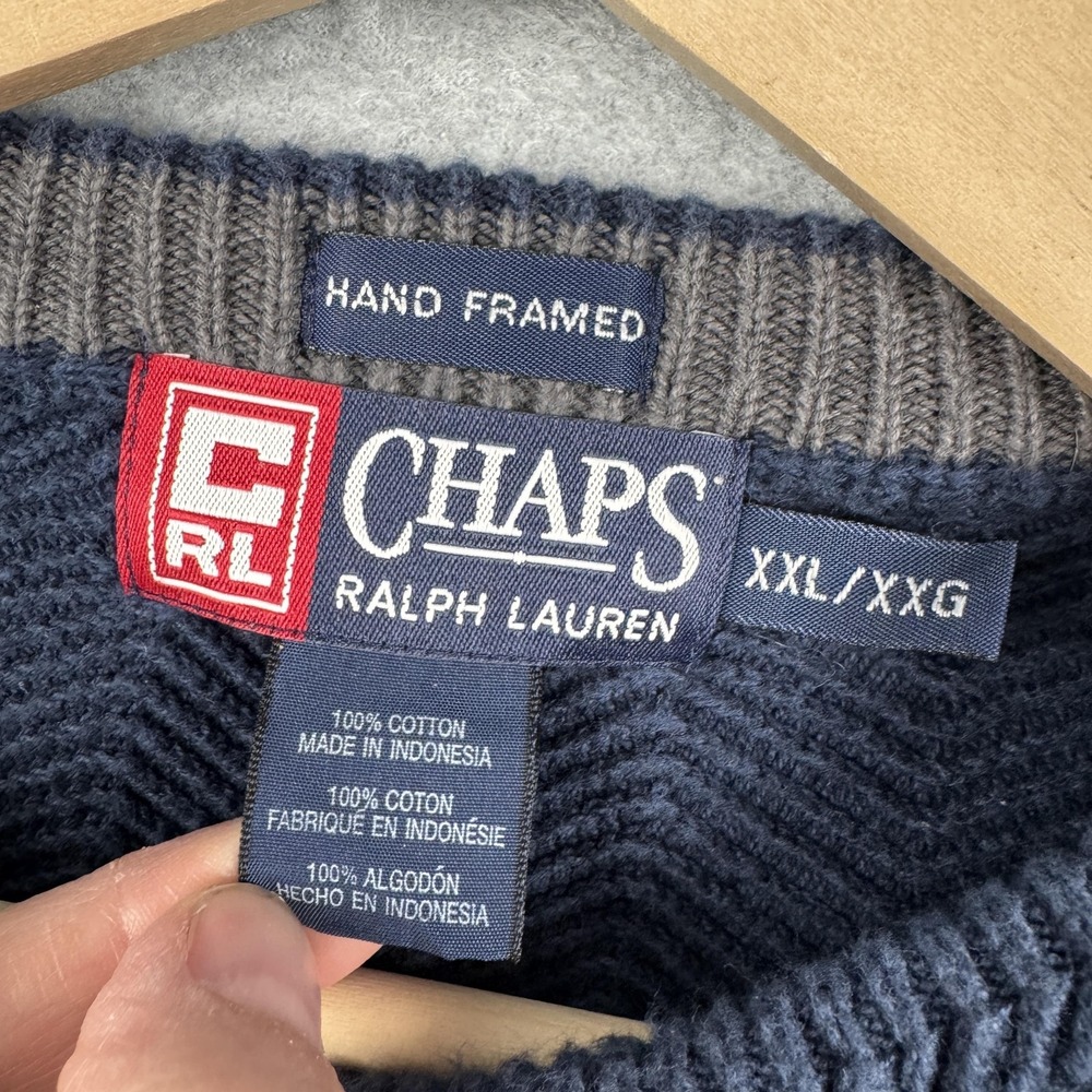 Chaps Ralph Lauren Sweater Mens XXL Navy Blue Chevron Knit Cotton Crew Preppy - Picture 4 of 8